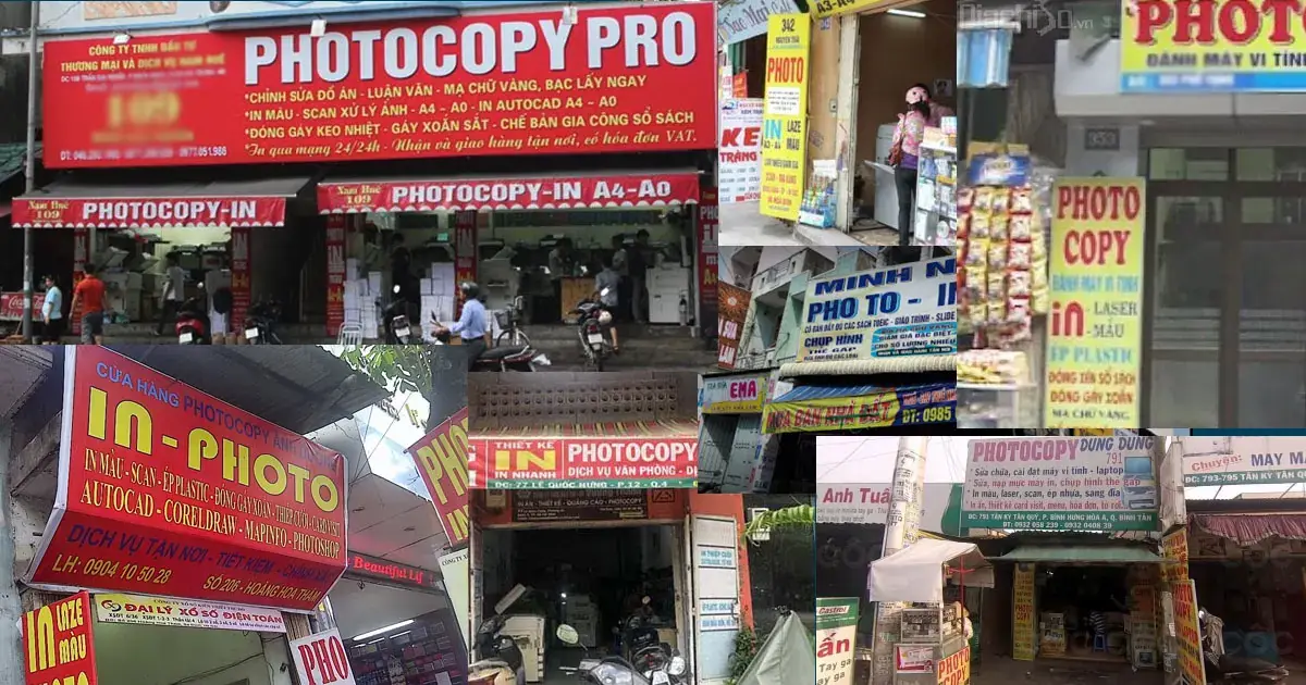 Tiệm photo in ấn với máy in và khu vực phục vụ khách